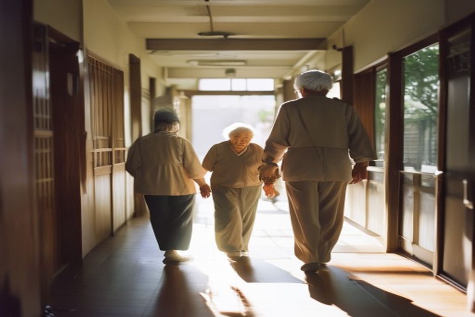 明るい廊下で、介護者が高齢の女性の歩行をやさしく支えるようす